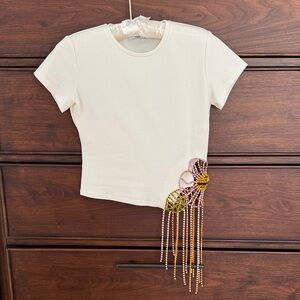 AREA Beautiful Cream Top with Beaded Floral Accent, XS